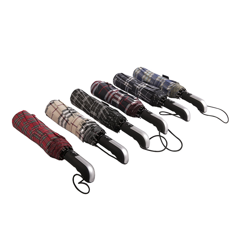 Mørkstribet Plaid Pongee Tre-foldet paraply-0E6B0533