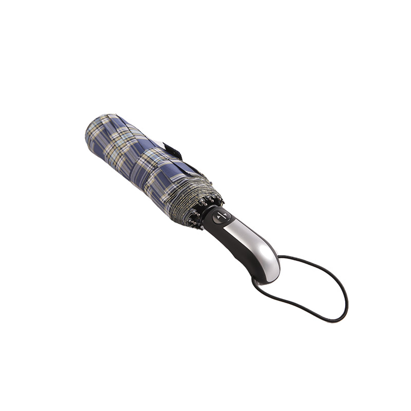 Mørkstribet Plaid Pongee Tre-foldet paraply-0E6B0533